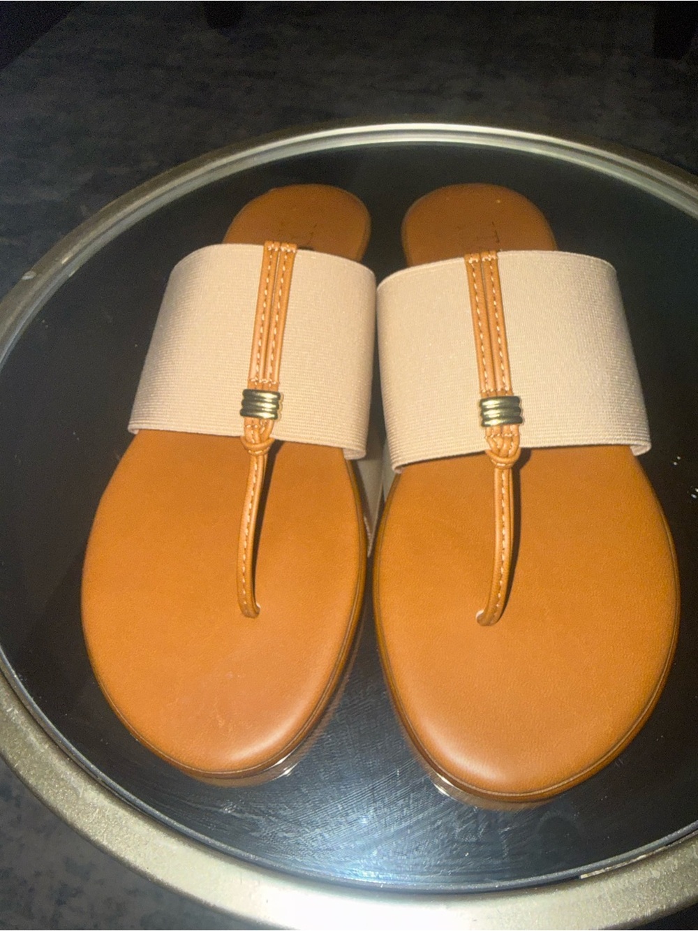 Italian Shoemakers Tan Footbed with Cream Wide Strap Slide Sandals